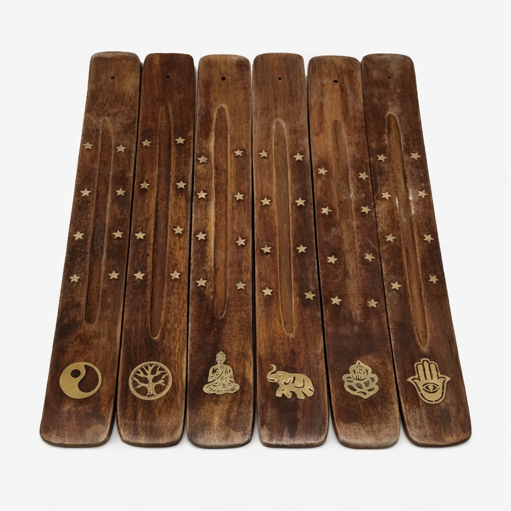 Tablita Portaincienso de Madera con Símbolos Espirituales